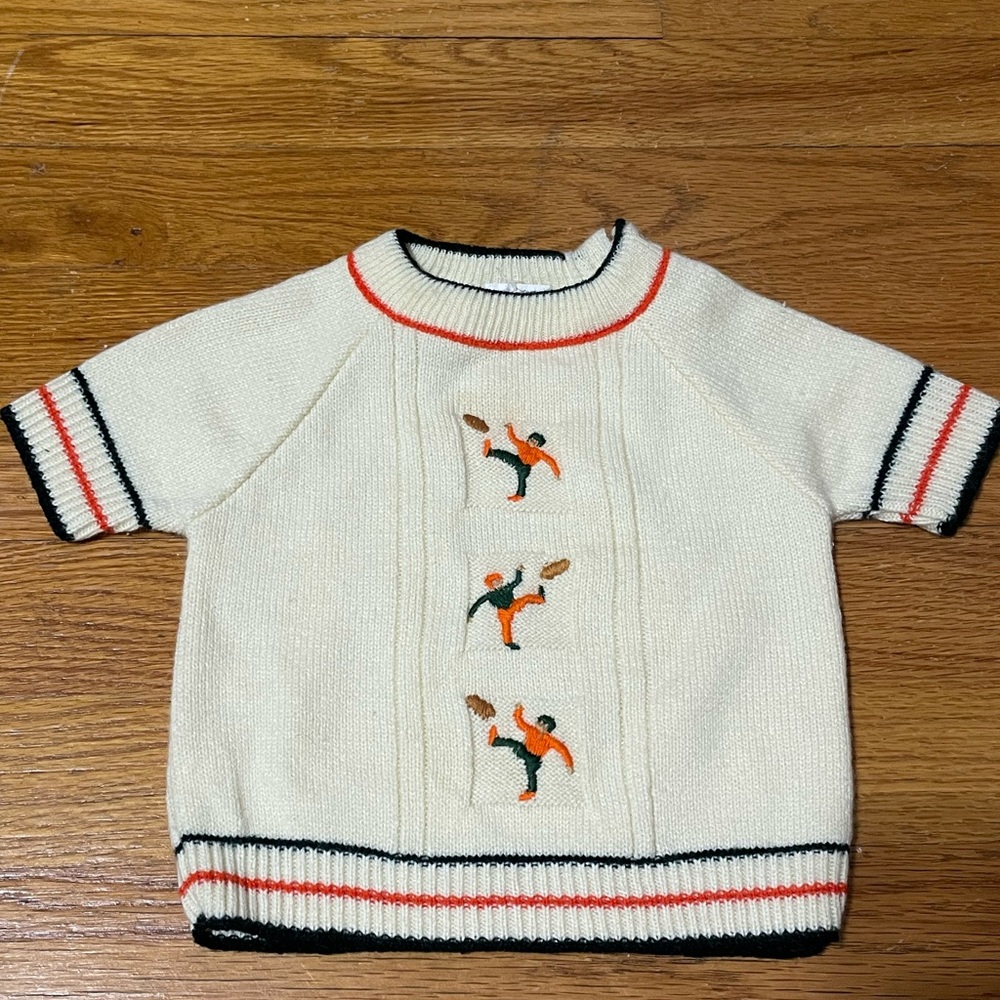 Cream Short-Sleeve Knit Sweater with Orange & Green Embroidery